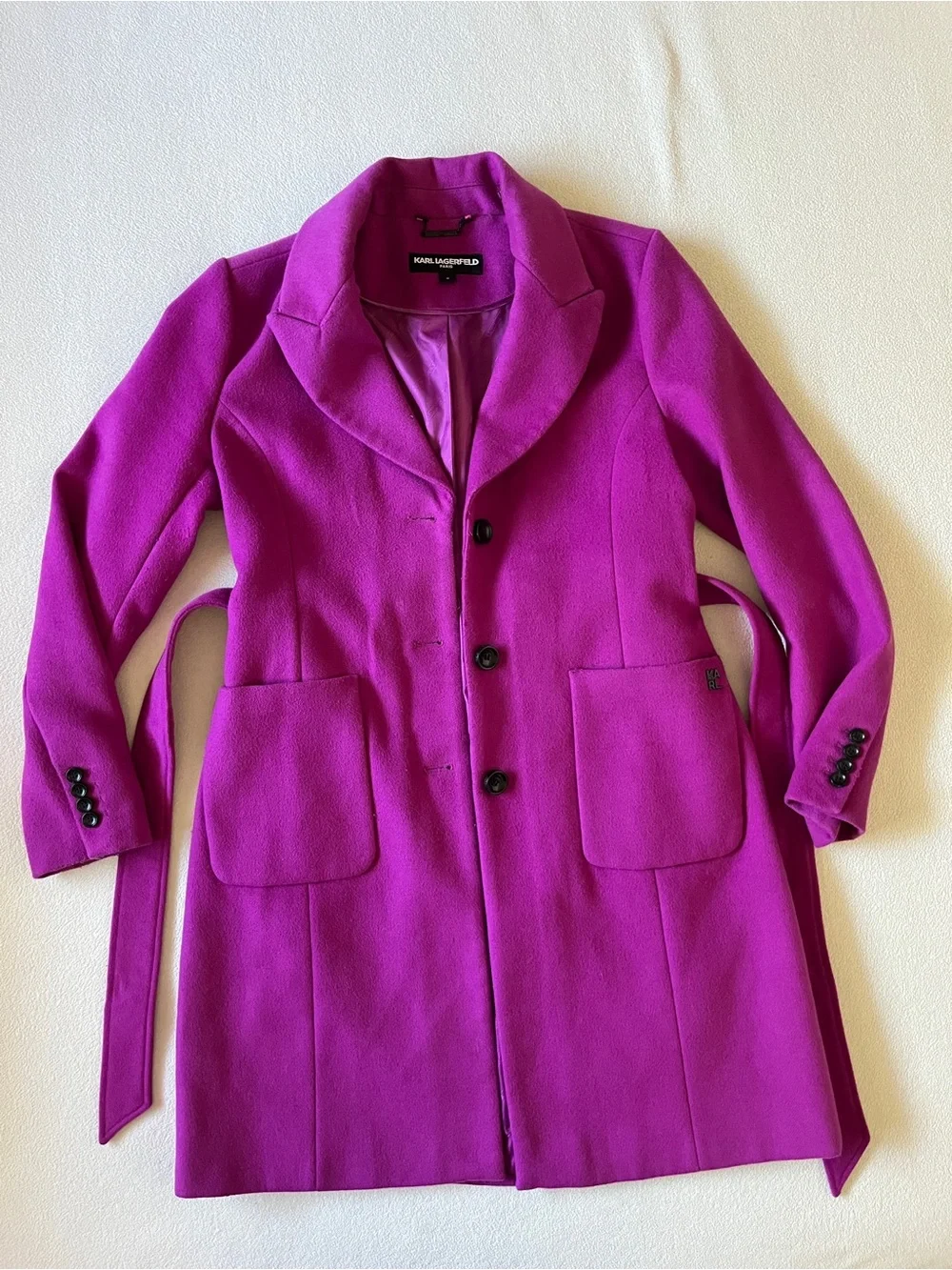 Karl Lagerfeld Paris Berry Purple Magenta Fuschia Wool Trench Pea Coat Designer